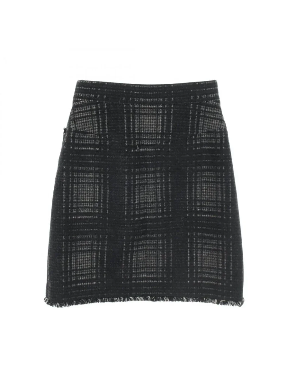 Chanel Skirt CC Logo Button Plaid Black Wool Check